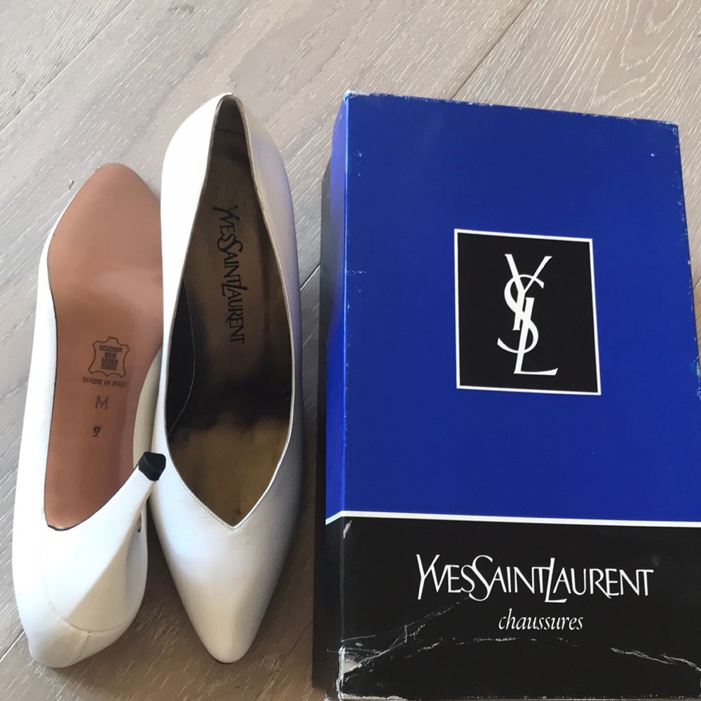 YSL Yves Saint Laurent Pewter white heels